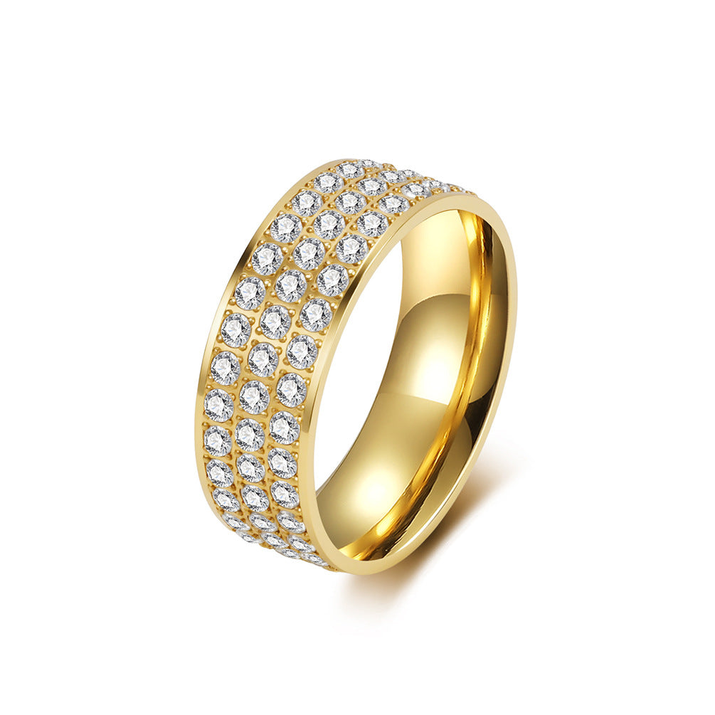 Neutral Style Stainless Steel Three Rows Pavé Zircon Ring Unisex