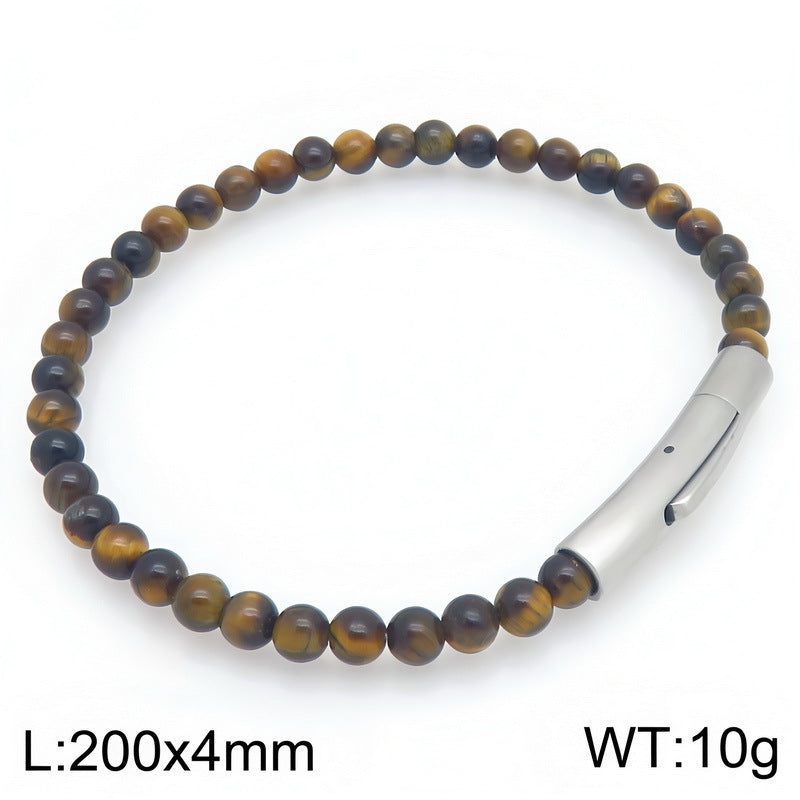 Beaded Bracelet Tiger's Eye Stone Black Agate Stainless Steel Snap Button Unisex Bracelet.
