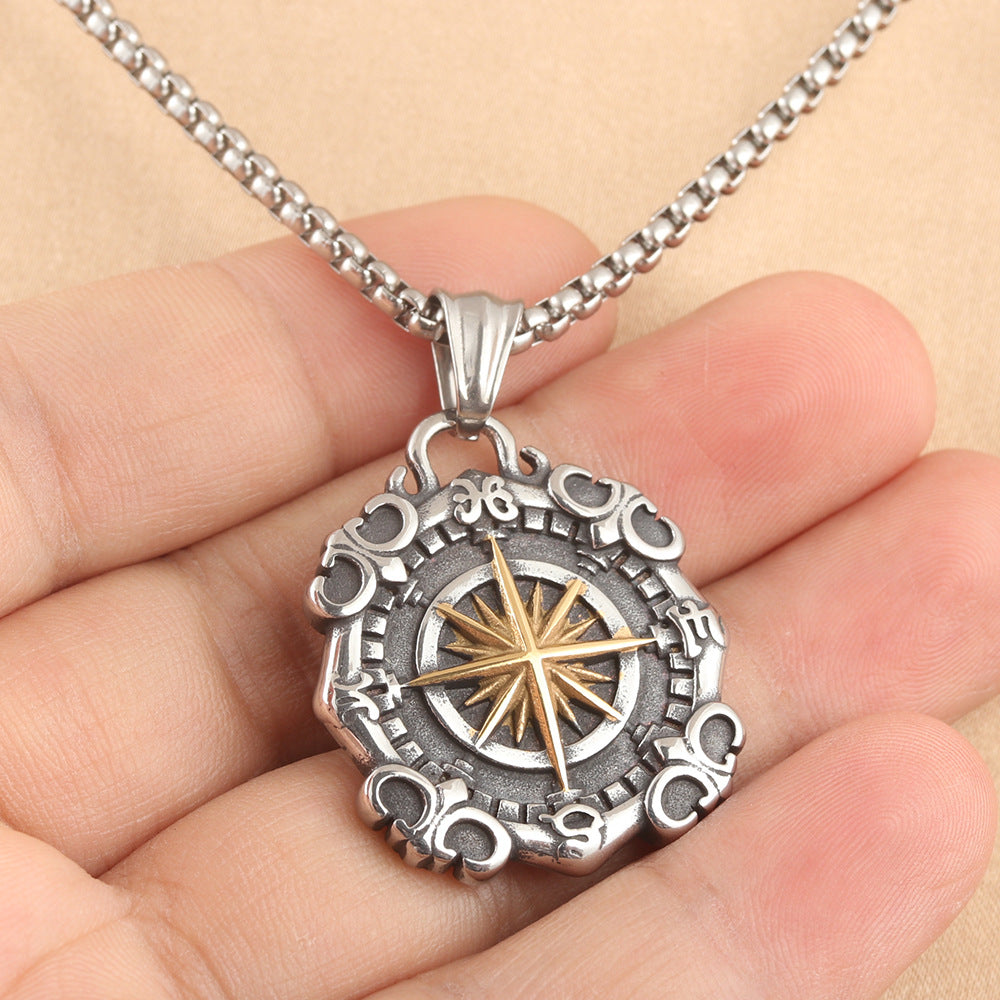 European And American Stainless Steel Compass Pendant Necklace