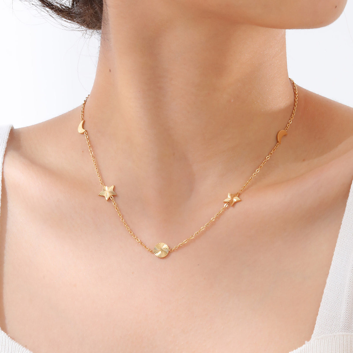 Stainless Steel Sun Moon Stars Geometric Gold Necklace Women