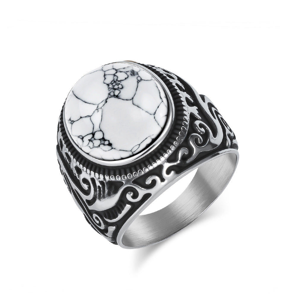 Planderful Mens Titanium Steel Ring With Tiger Eye Gem Retro Engraved Bold Statement Jewelry