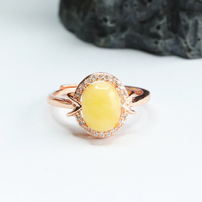Golden Halo Adjustable Ring with Beeswax Amber Gem
