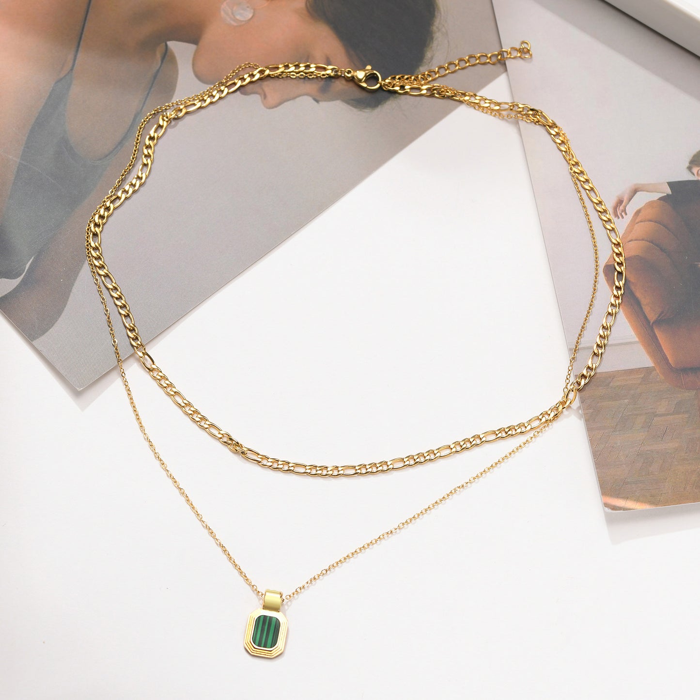 Stainless Steel Double Layer Geometric Square Tag Pendant Necklace