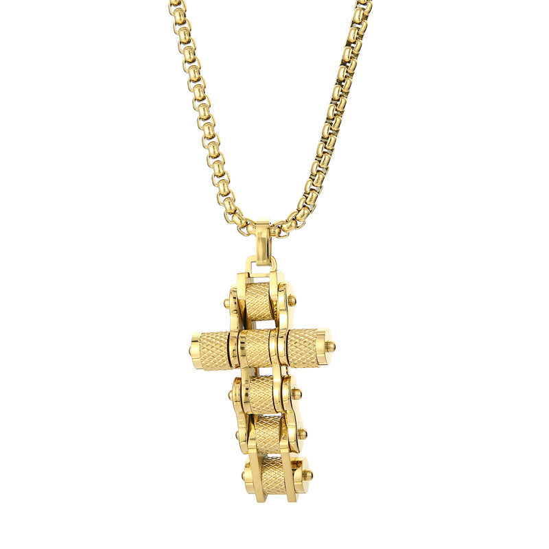 Creative Bicycle Chain Cross Pendant, Retro Hip-Hop Nightclub Men's Titanium Steel Square Pearl Necklace