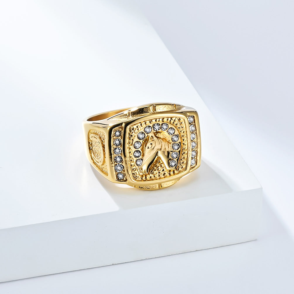 Planderful Retro Hip Hop Horse Head Ring Titanium Steel Plated 18K Gold With Zircon For Men