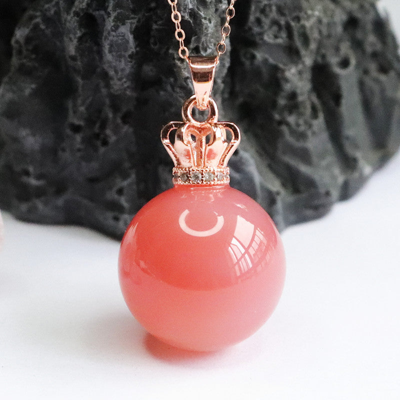 Rose Gold Crown Necklace Featuring a Natural Agate Ball Pendant