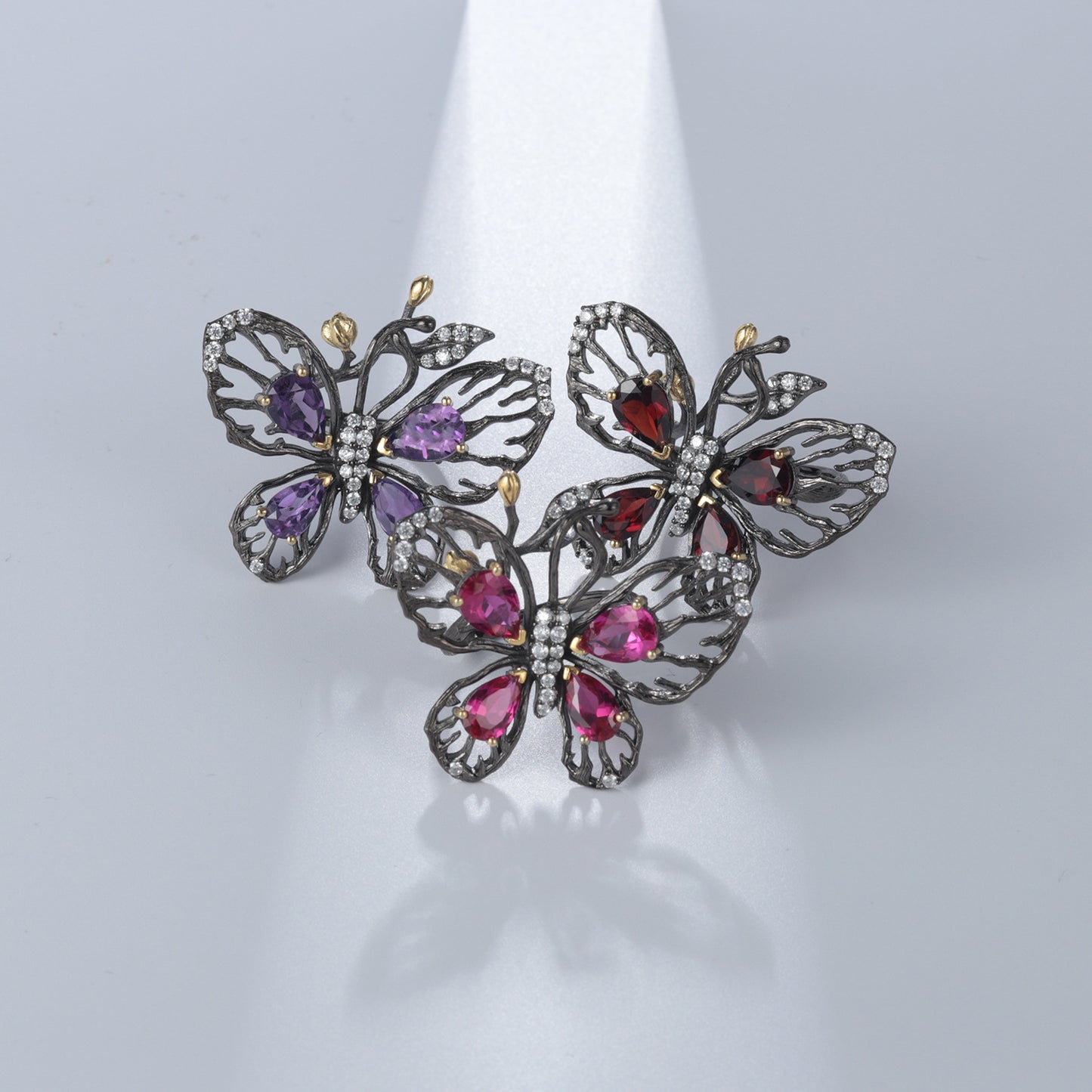 Hollow Out Butterfly Natural Gemstones Opening Silver Ring