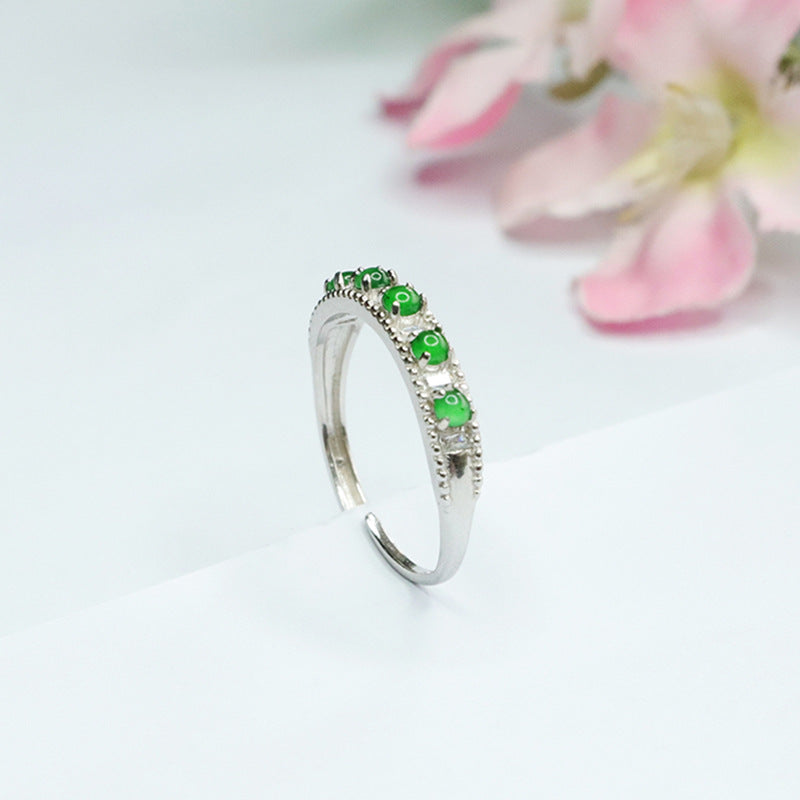 Sterling Silver Adjustable Emperor Green Jade Ring with Row of Five Ice Jade Stones