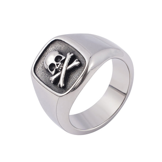 Halloween Skull Cross Rectangle Titanium Steel Ring for Men