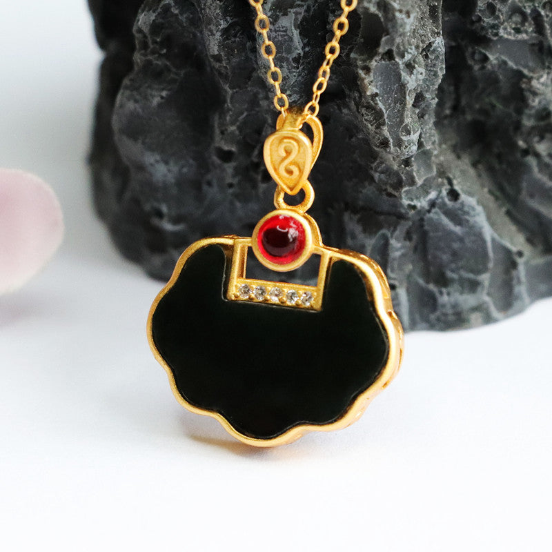 Sterling Silver Natural Hetian Jade Black Jade Ruyi Lock Necklace
