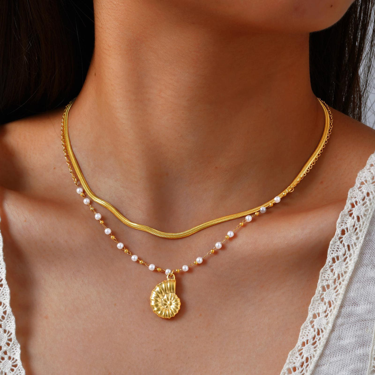 Summer Seaside Vacation Leisure Ocean Wind Stainless Steel Conch Double Layer Stacked Necklace