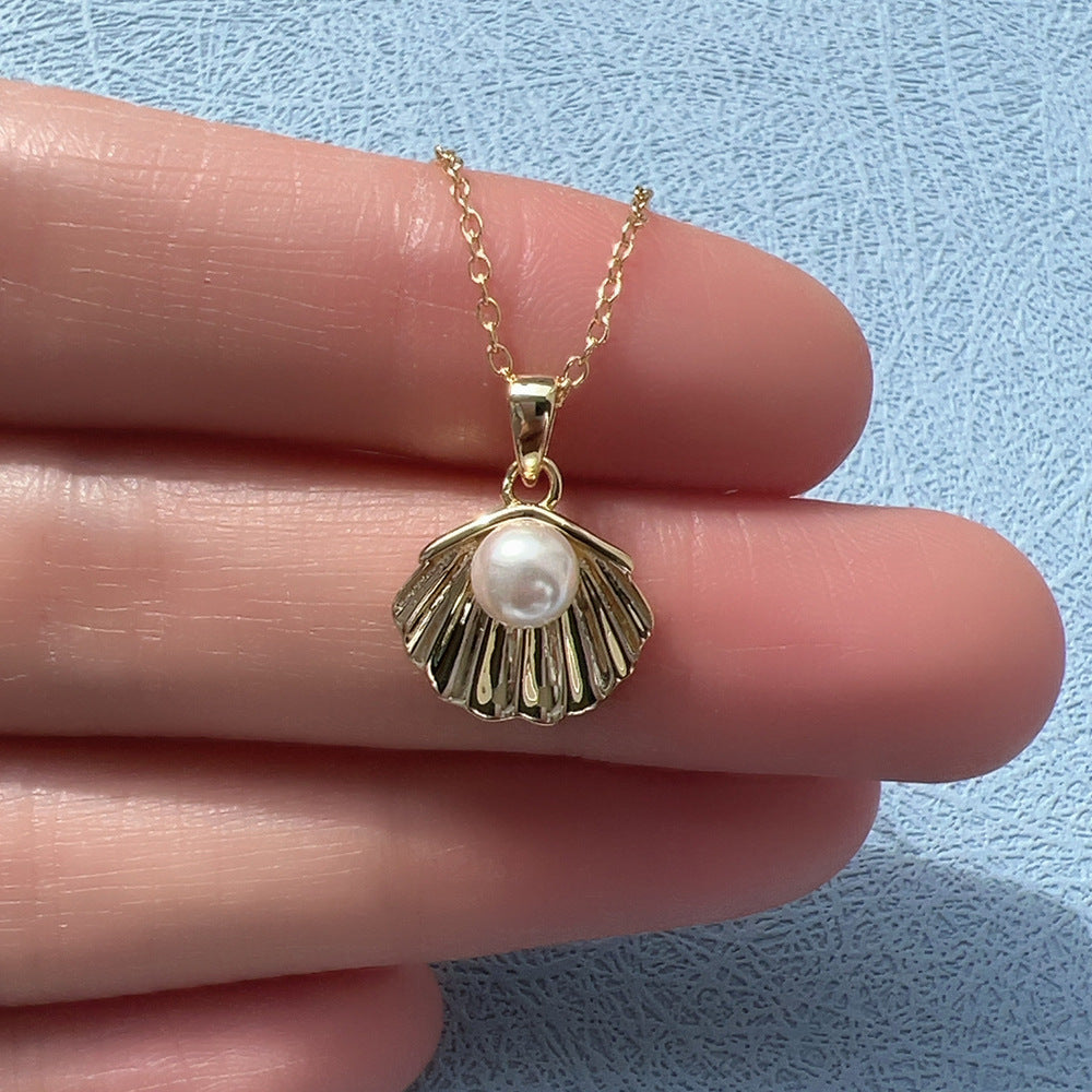 S925 Sterling Silver Plated 14K Gold Pearl Shell Necklace
