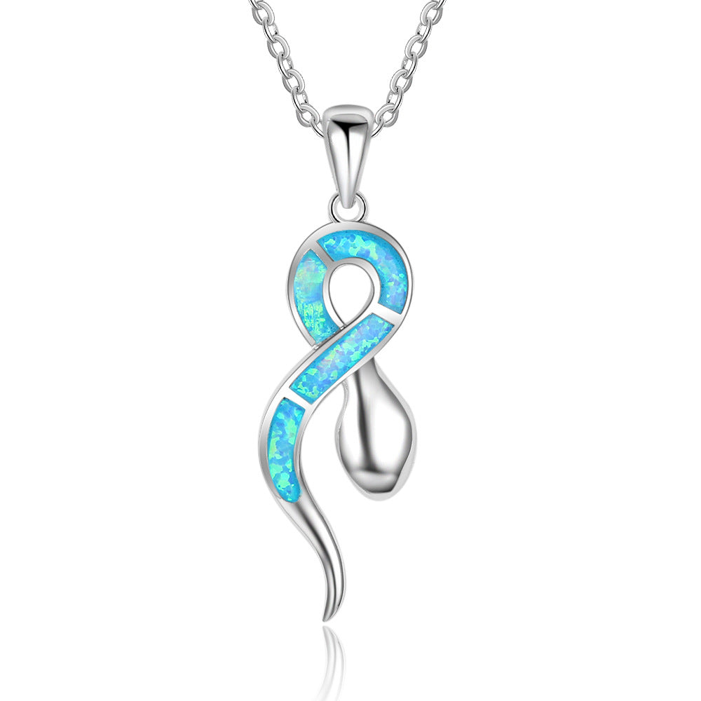 Planderful Jewelry Opal Sterling Silver Snake Pendant Necklace Animal Inspired Design