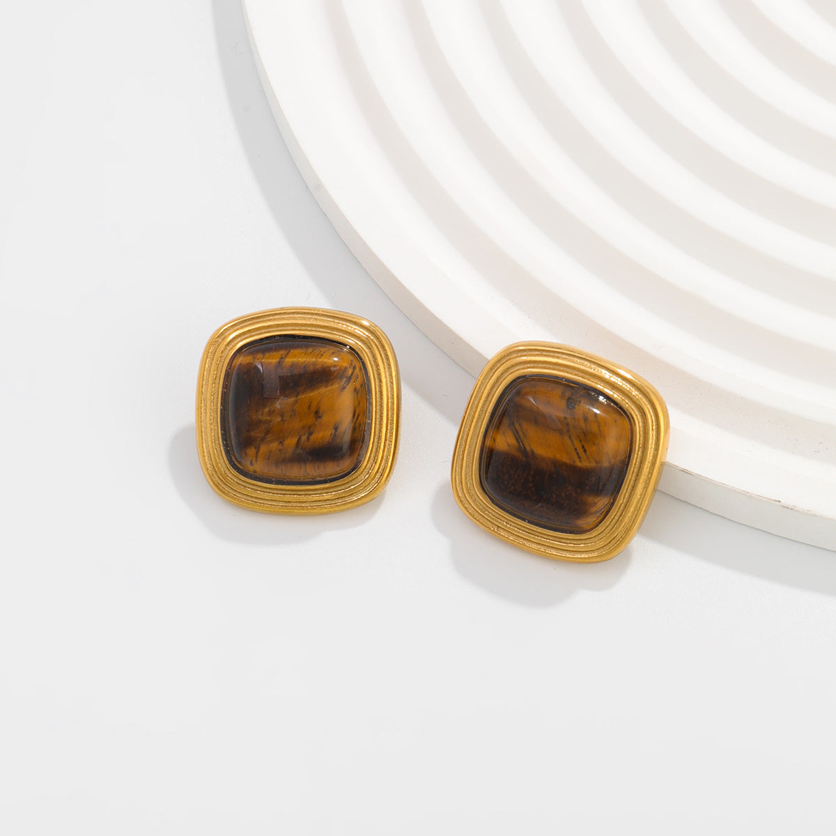 Planderful Stainless Steel Stud Earrings Tiger Stone Inlaid Geometric Pearl Square Statement For Trendsetting Women