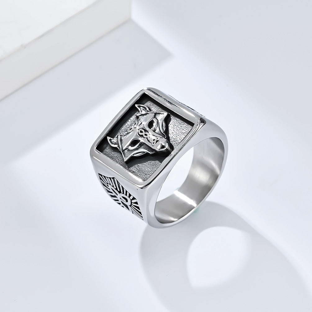 Steel Ring – Statement Nordic Celtic Wolf Head Mens Ring For Viking Style Jewelry By Planderful