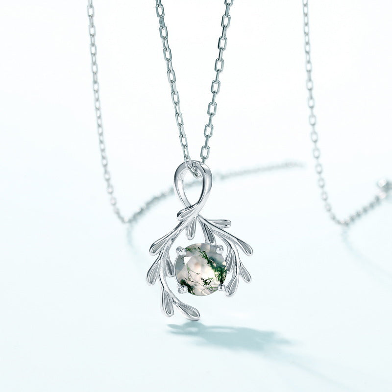 S925 Sterling Silver Moss Agate Pendant Necklace