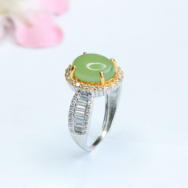 Planderful Collection: Fortune's Favor Oval Natural Hotan Jade Jasper Golden Zircon Silver Halo Ring