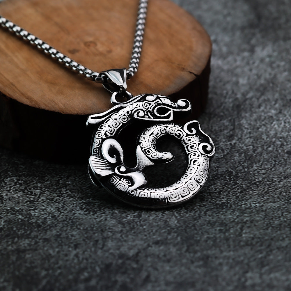 Planderful Dragon Pendant Necklace For Men Titanium Steel Ethnic Retro Style Bold Statement Jewelry