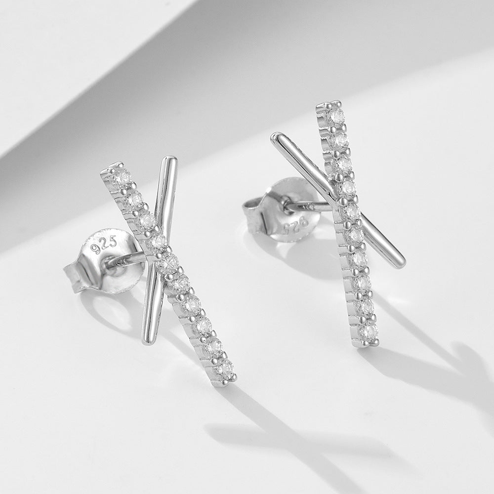 S925 Sterling Silver Geometric Cross Letter X Zircon Stud Earrings