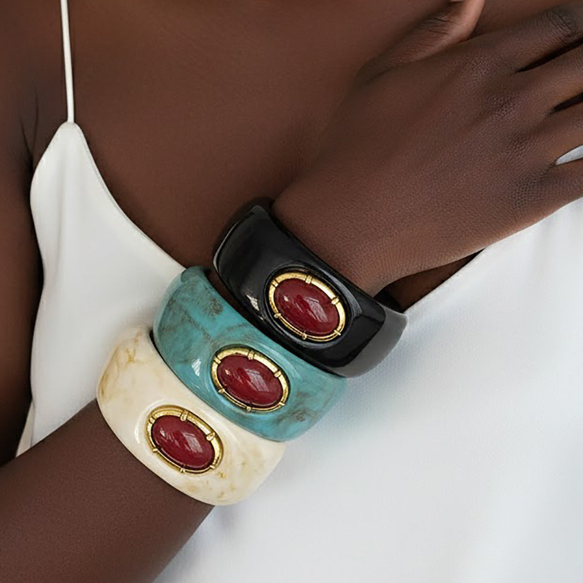 Planderful Bohemian Turquoise Resin Wide Bracelet Microinlaid Irregular Inlay Vienna Verve Statement Jewelry For Women