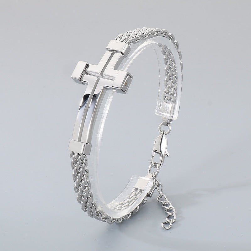 Men Wear – Stainless Steel Curved Bar Hollow Cross Men's Bracelet Can Be Adjusted