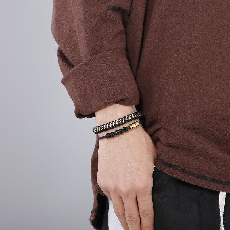 Planderful Men Punk Bracelet Magnetic Buckle Leather Rope