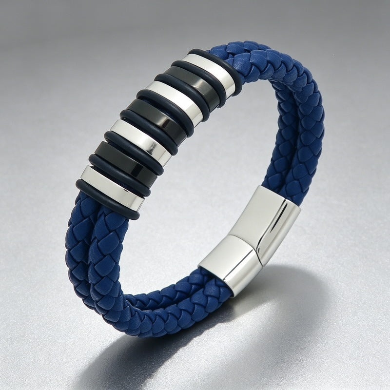 Woven Leather Bracelet Black & White Bead Spacer Stainless Steel Magnetic Suction