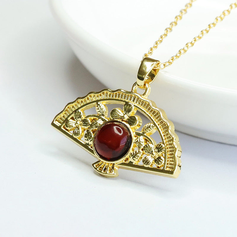 Elegant Round Honey Amber Fan Pendant Traditional Asian Jewellery
