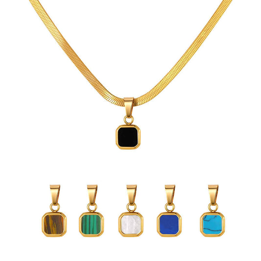 Stainless Steel Square Pendant Men's Natural Tiger's Eye Stone Malachite Sweater Stacked