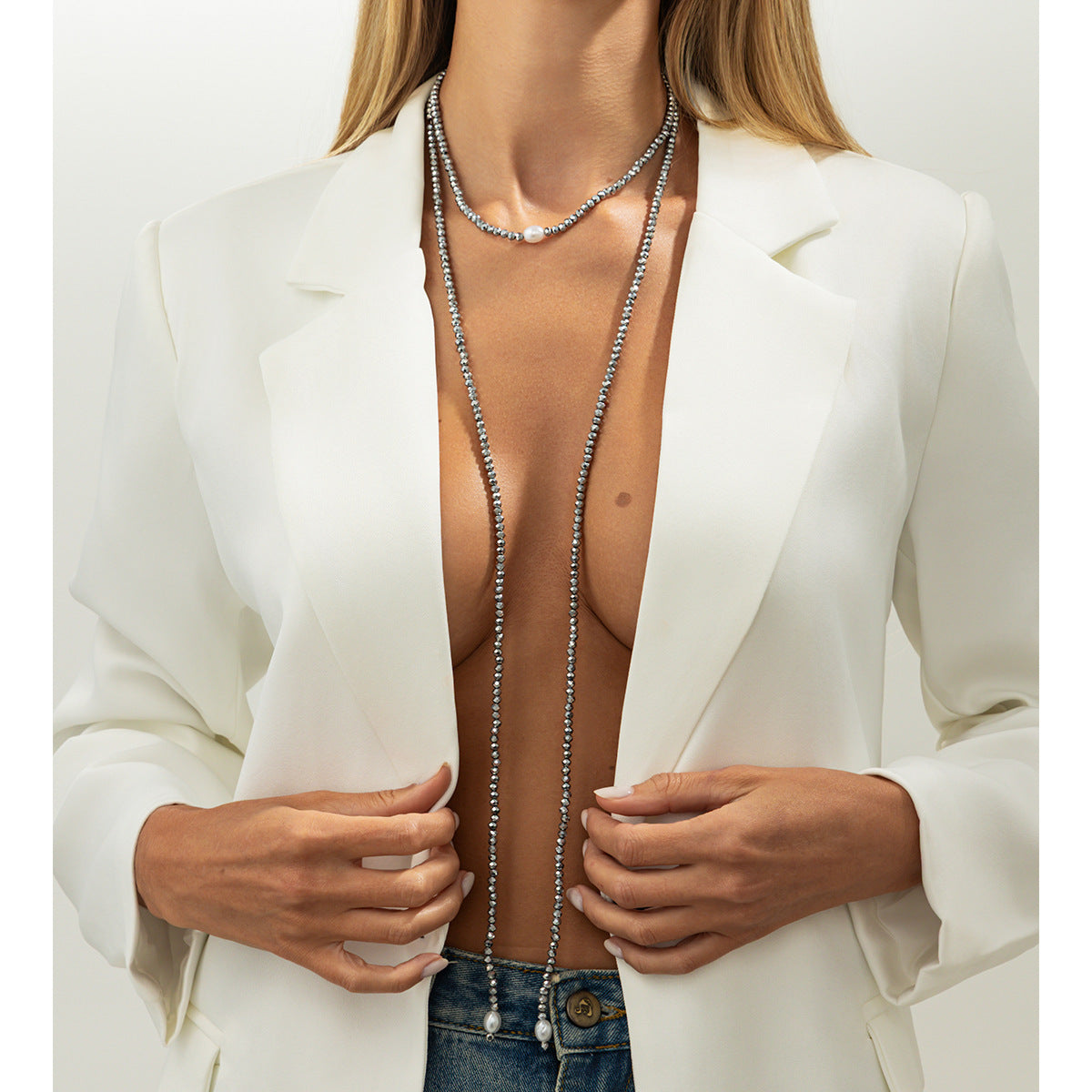 Knotted Pearl Crystal-Style Y-Necklace