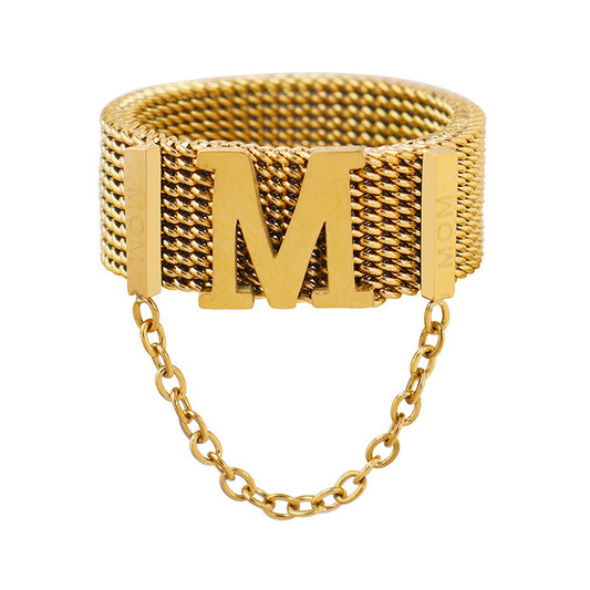Extravagant Mesh Belt Fringed Chain Ring with Titanium Steel and Gold Accent