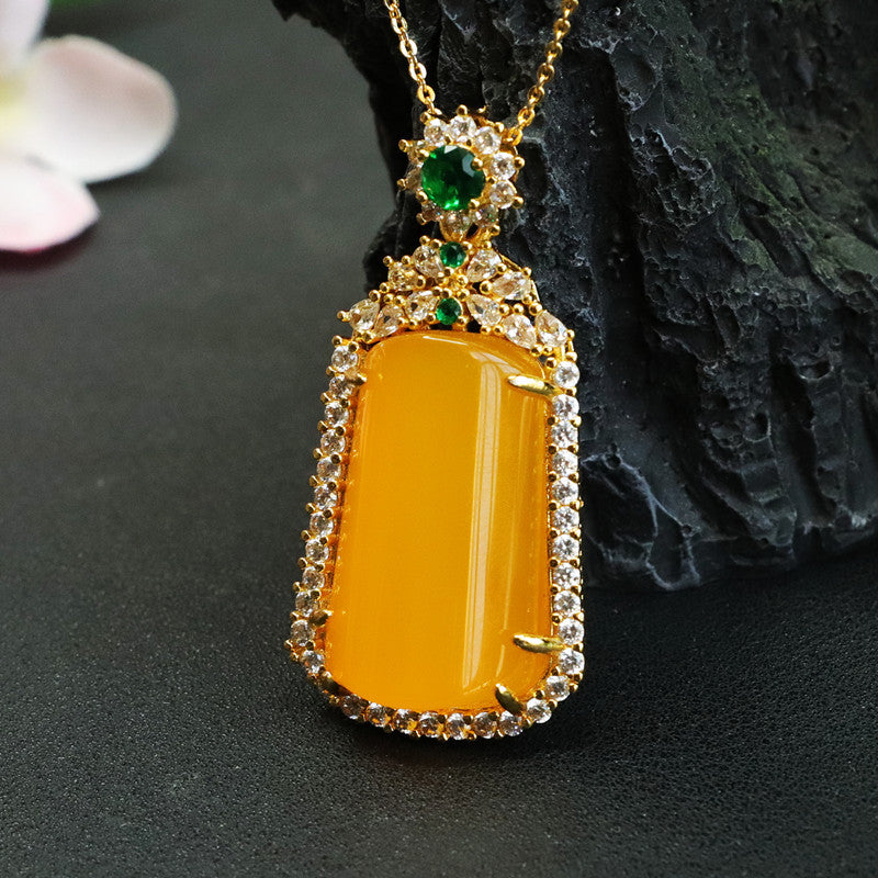 Golden Necklace with Yellow Chalcedony Pendant and Zircon Jewelry