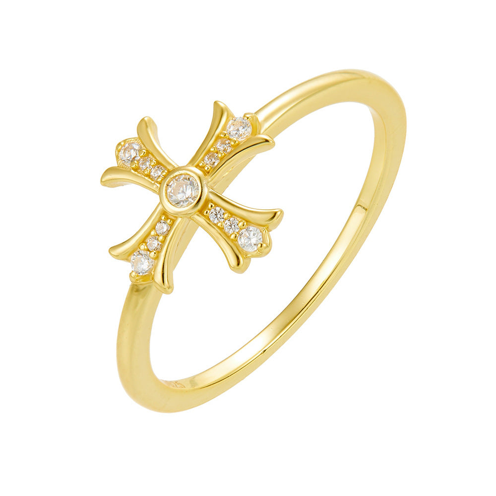 S925 Sterling Silver Zircon Cross Ring Retro Ring