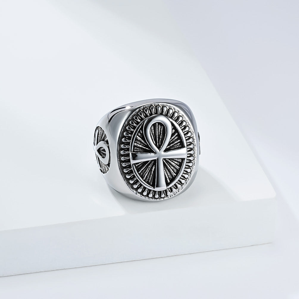 Planderful Men's Stainless Steel Geometric Ring Ankh Cross Retro Egypt Inspired Fashion Jewelry