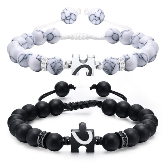 Adjustable Stainless Steel Corrosion Paint Half-Heart Puzzle Agate Turquoise Beaded Bracelet
