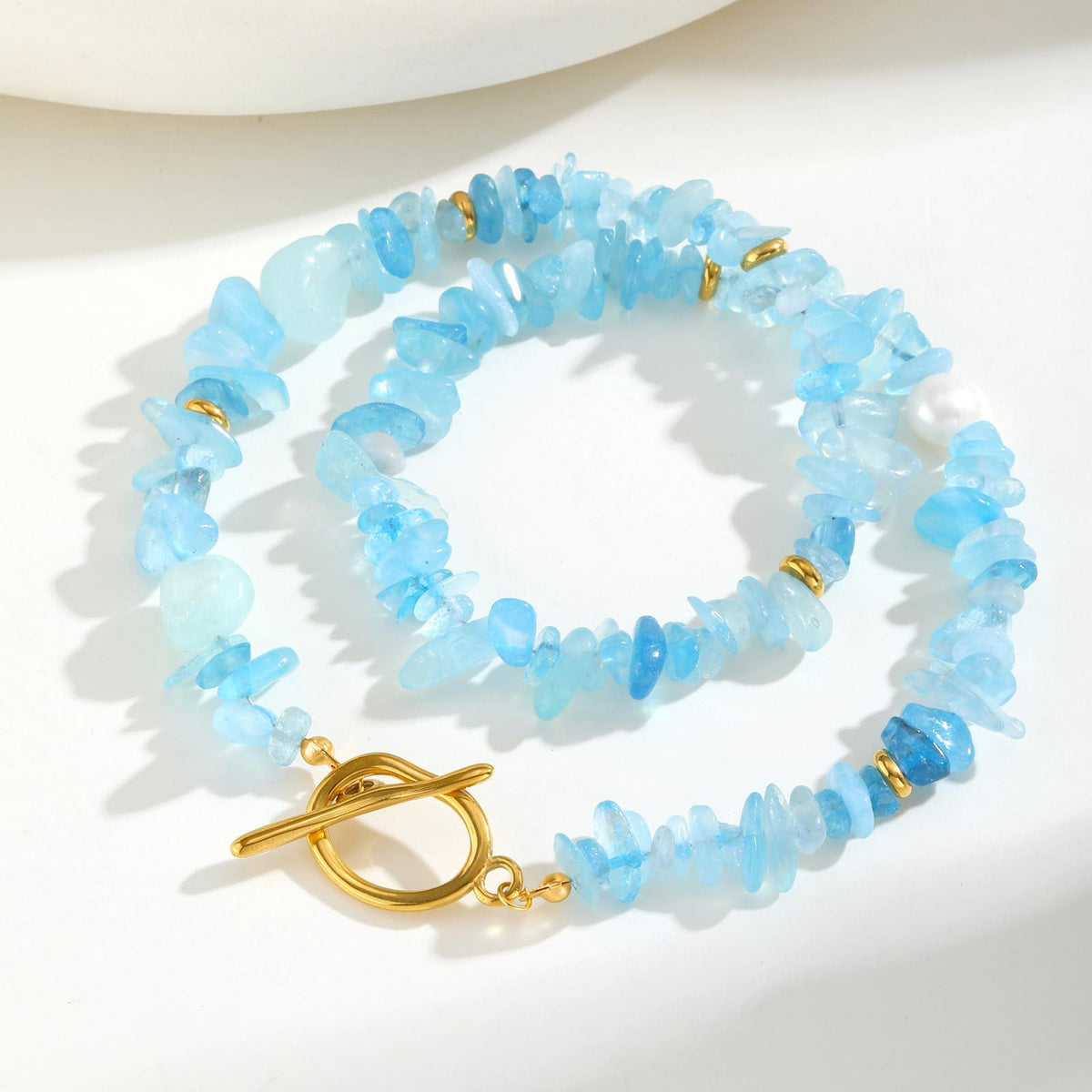 Summer Small Fresh Stainless Steel Toggle Clasp Aquamarine Irregular Natural Gravel Necklace