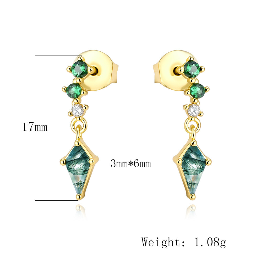 S925 Sterling Silver Natural Aquatic Agate Zircon Stud Earrings Geometric Rhombus Fringed Earrings