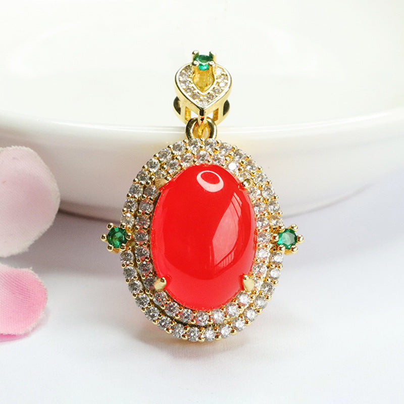 Double Halo Red Agate Zircon Golden Pendant with Oval Ice Chalcedony
