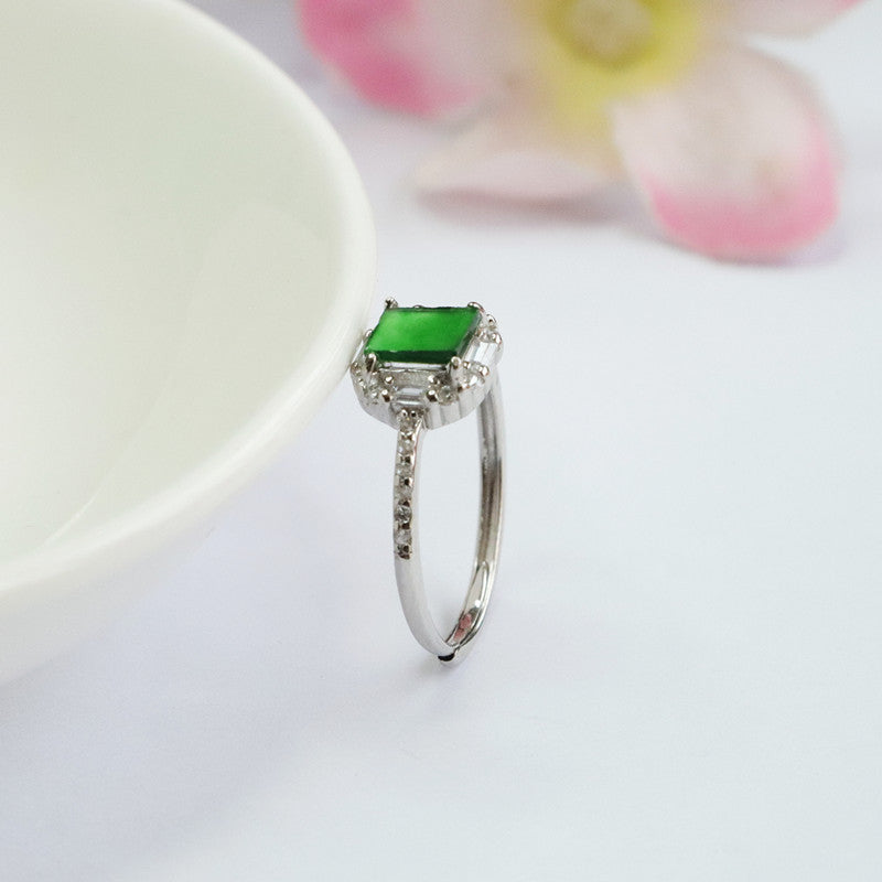 Icy Green Jadeite Square Plaque 925 Silver Ring