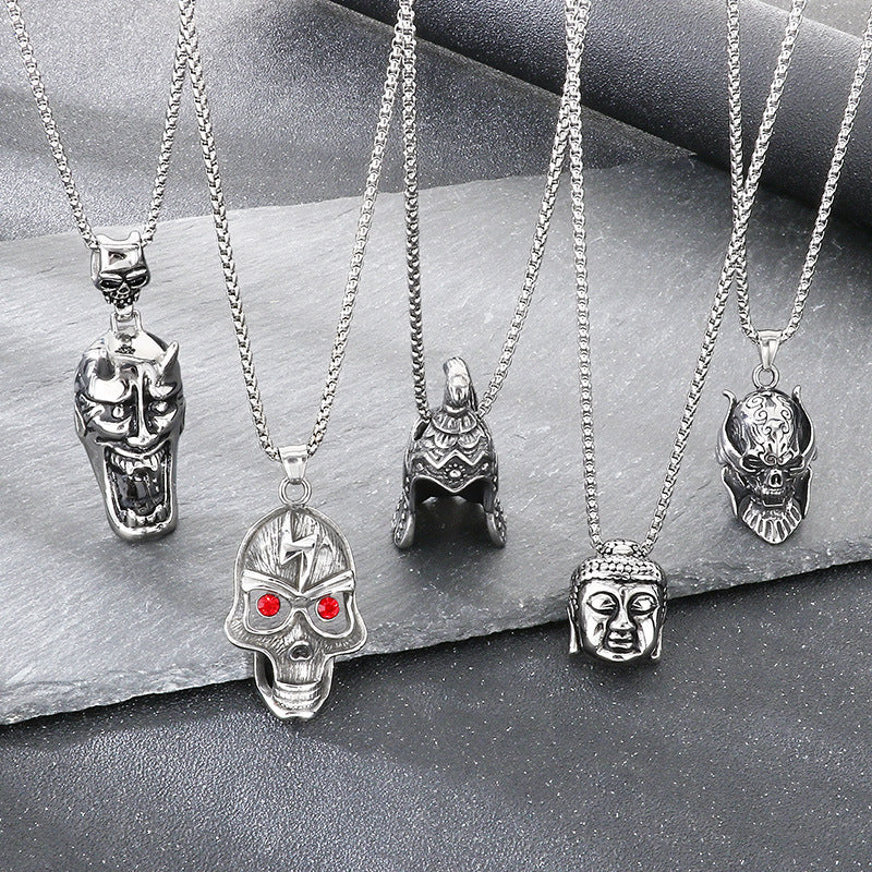 Viking Warrior Helmet Buddha Head Pendant, Dark Gothic Wind Lightning Red Eye Skull Necklace
