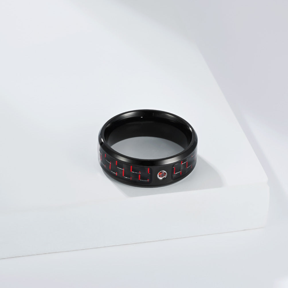 Stainless Steel Zircon Carbon Fiber Ring Men's