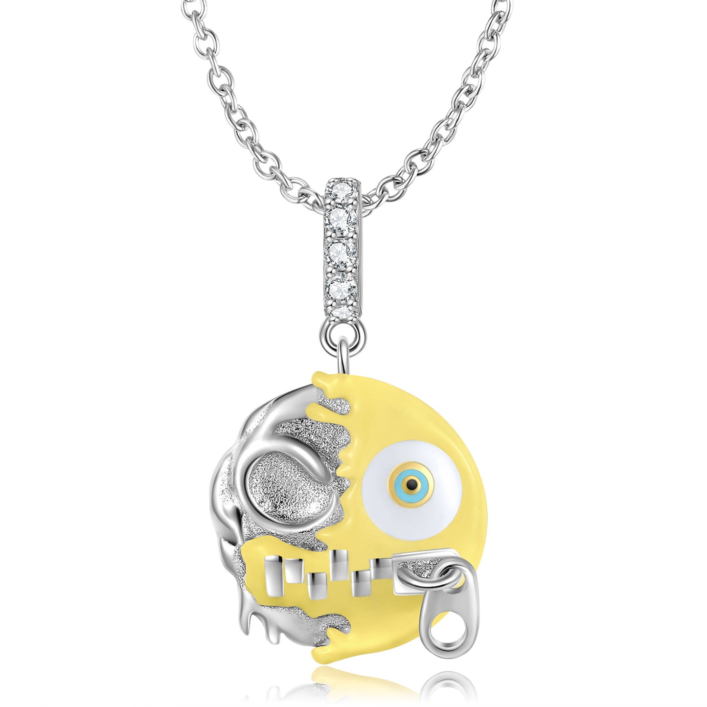 Shut Up Zipper Face Coloured Round Pendant Silver Necklace