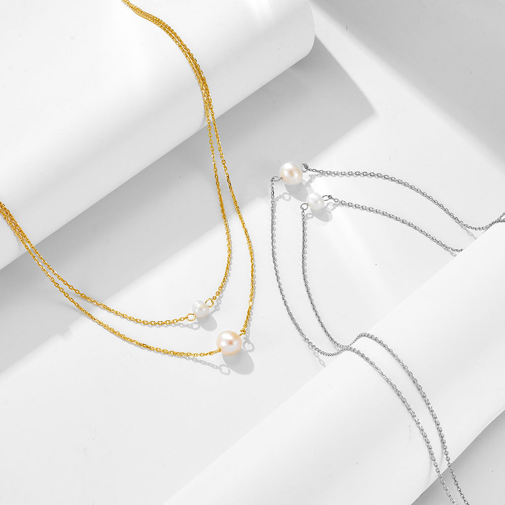 Retro Double-Layer Single Natural Pearl Necklace, Tide Foreign Trade 925 Sterling Silver