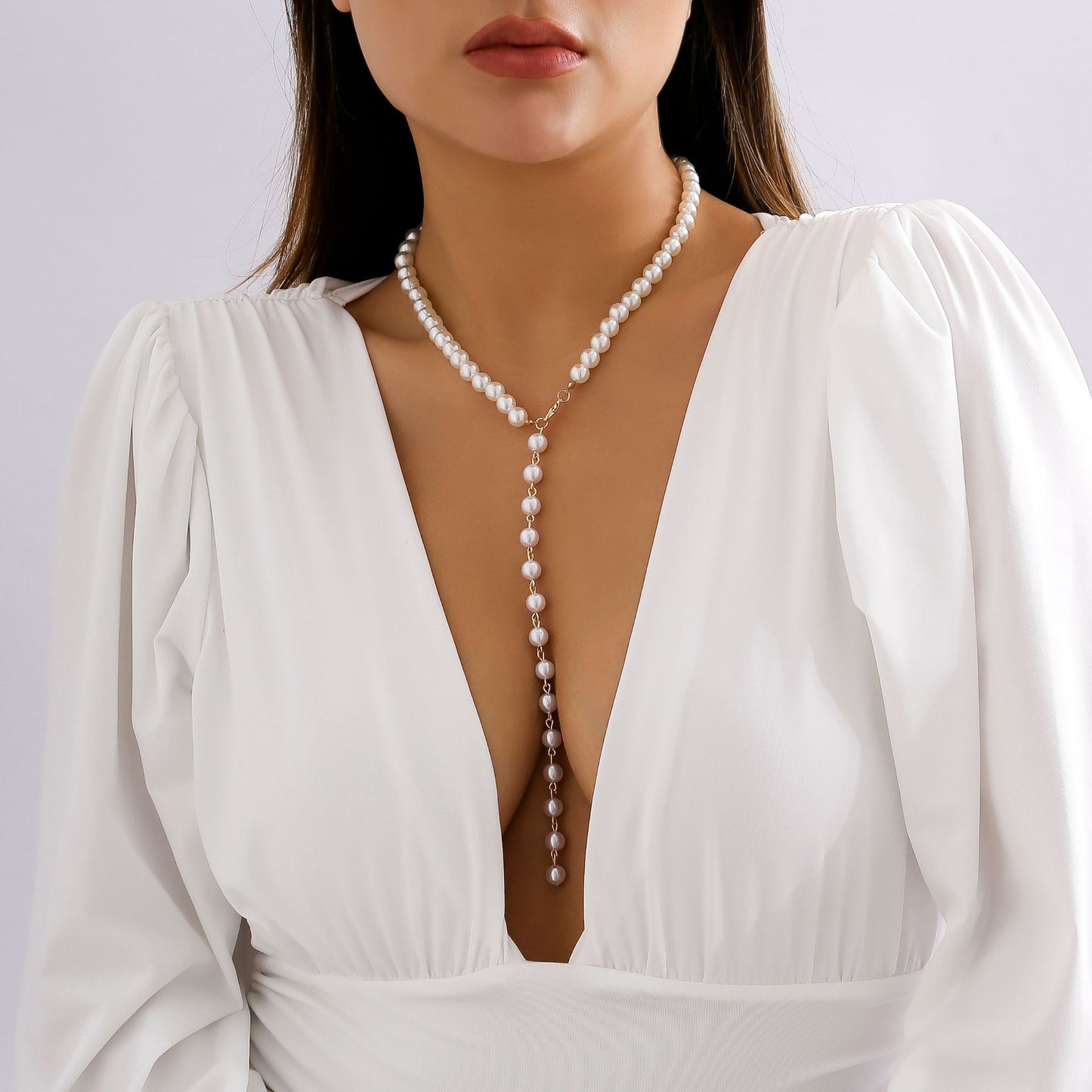 French-Inspired Long Beaded Necklace with Pearl Tassel for Elegant Women