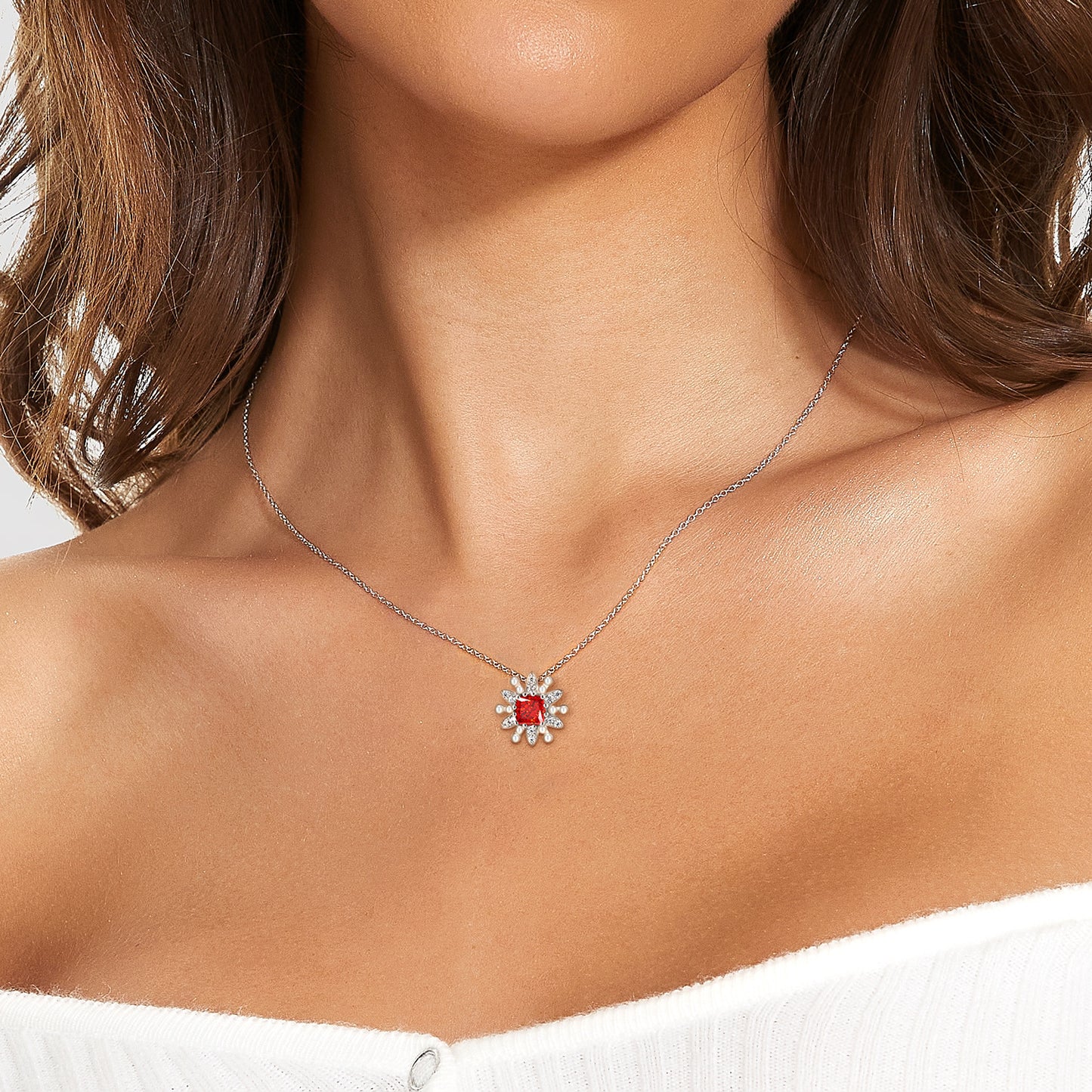 Sparkling Star Pendant Red Square Zircon and Pearl Silver Necklace
