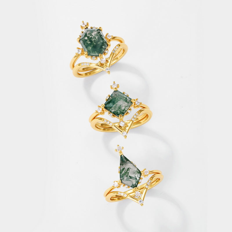 Planderful Jewelry Moss Agate Ring, Sterling Silver Hexagon