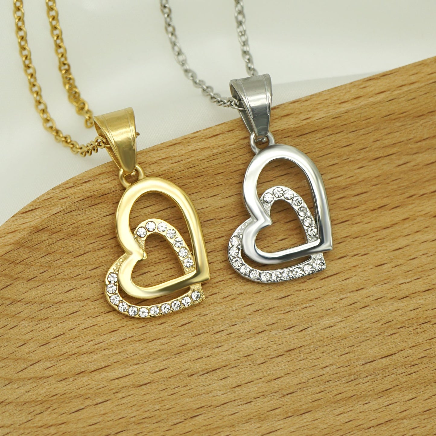 Planderful Double Heart Necklace Titanium Steel Pendant With Zircon For Her Elegant Versatile Gift