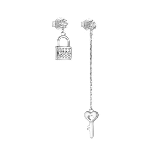 Asymmetrical Zircon Lock and Long Tassel Key Sterling Silver Drop Earrings