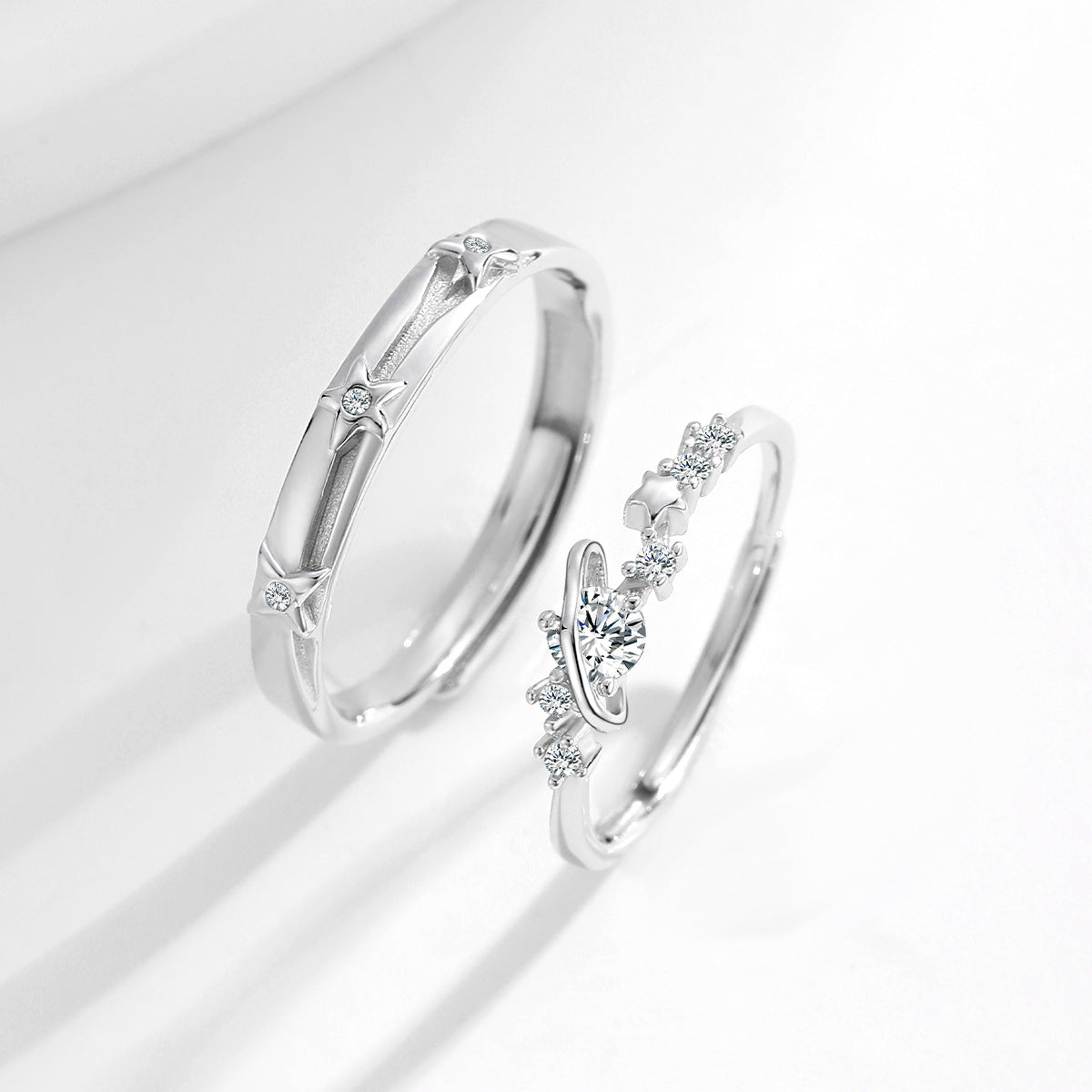 Planderful Star Accompanied S925 Sterling Silver Couple Ring Planet Pair Ring Light Luxury Trendy Cool Jewelry Valentine's Day Girlfriend
