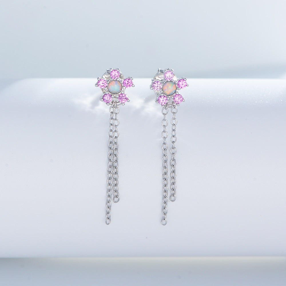 S925 Sterling Silver Zircon Chain Fringed Earrings Flower Stud Earrings
